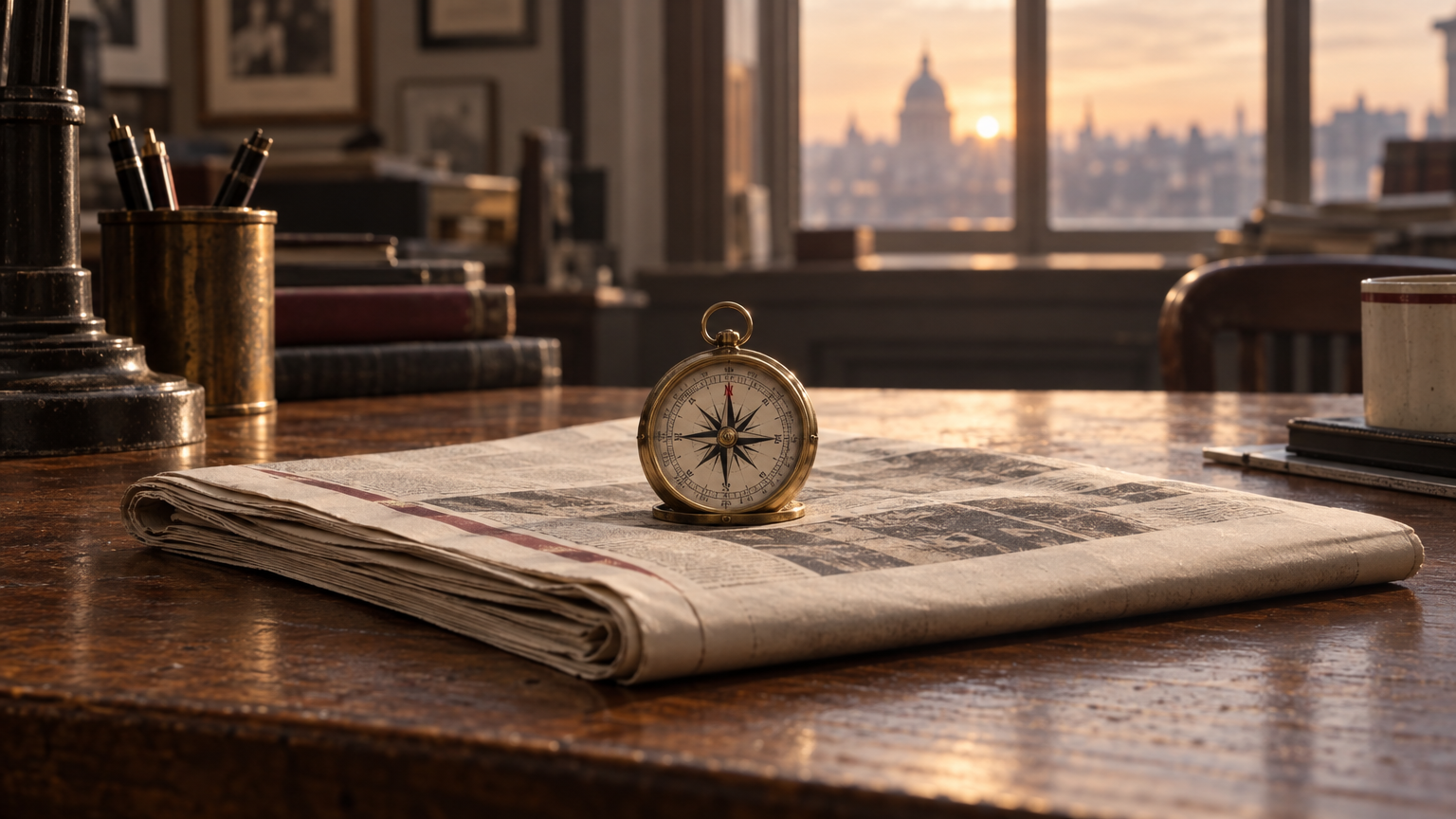 A brass compass on a folded newspaper at dawn