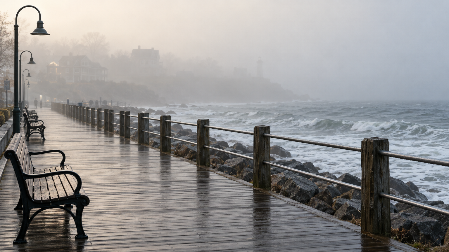 A rainy boardwalk by the sea, with empty benches and waves breaking on the rocks