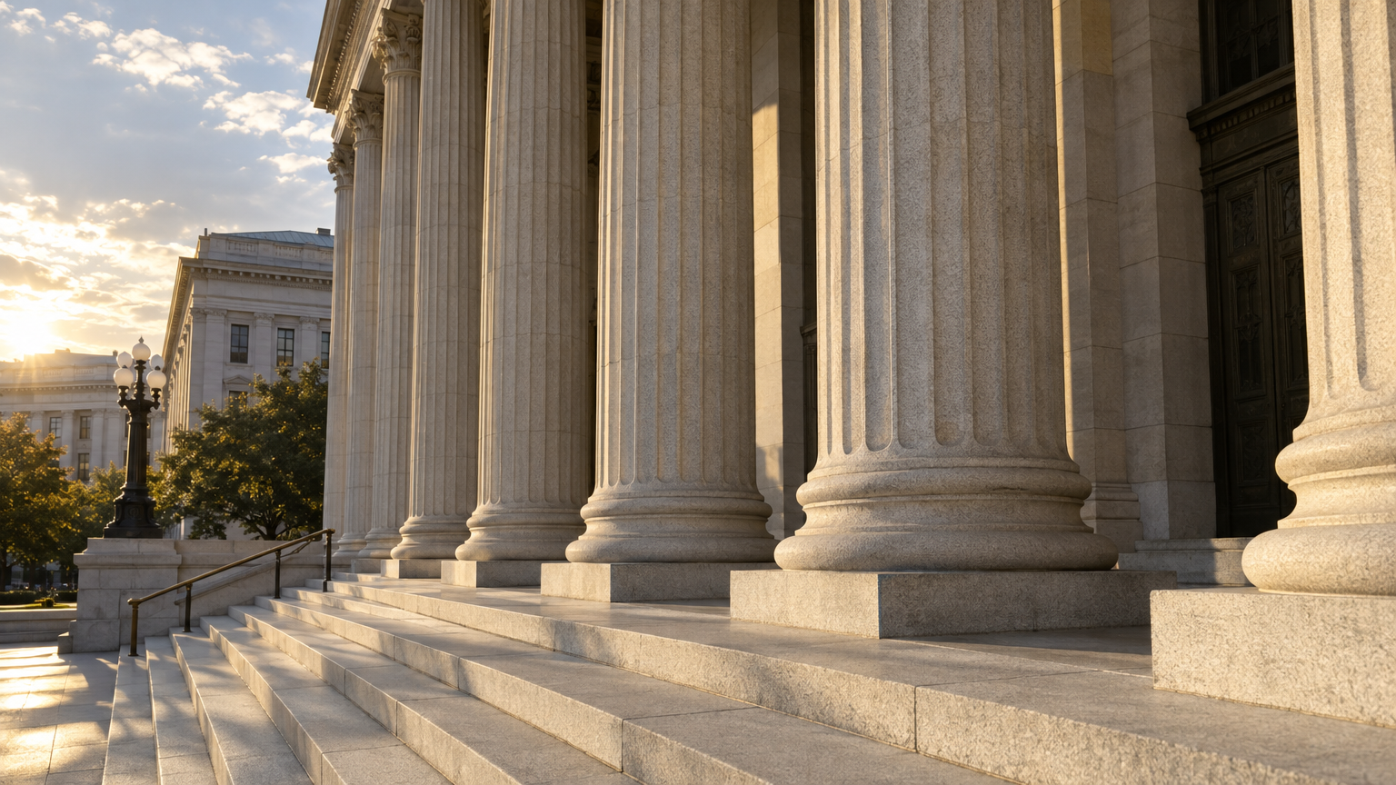 Stone columns and wide steps outside a classical building in late-afternoon sun