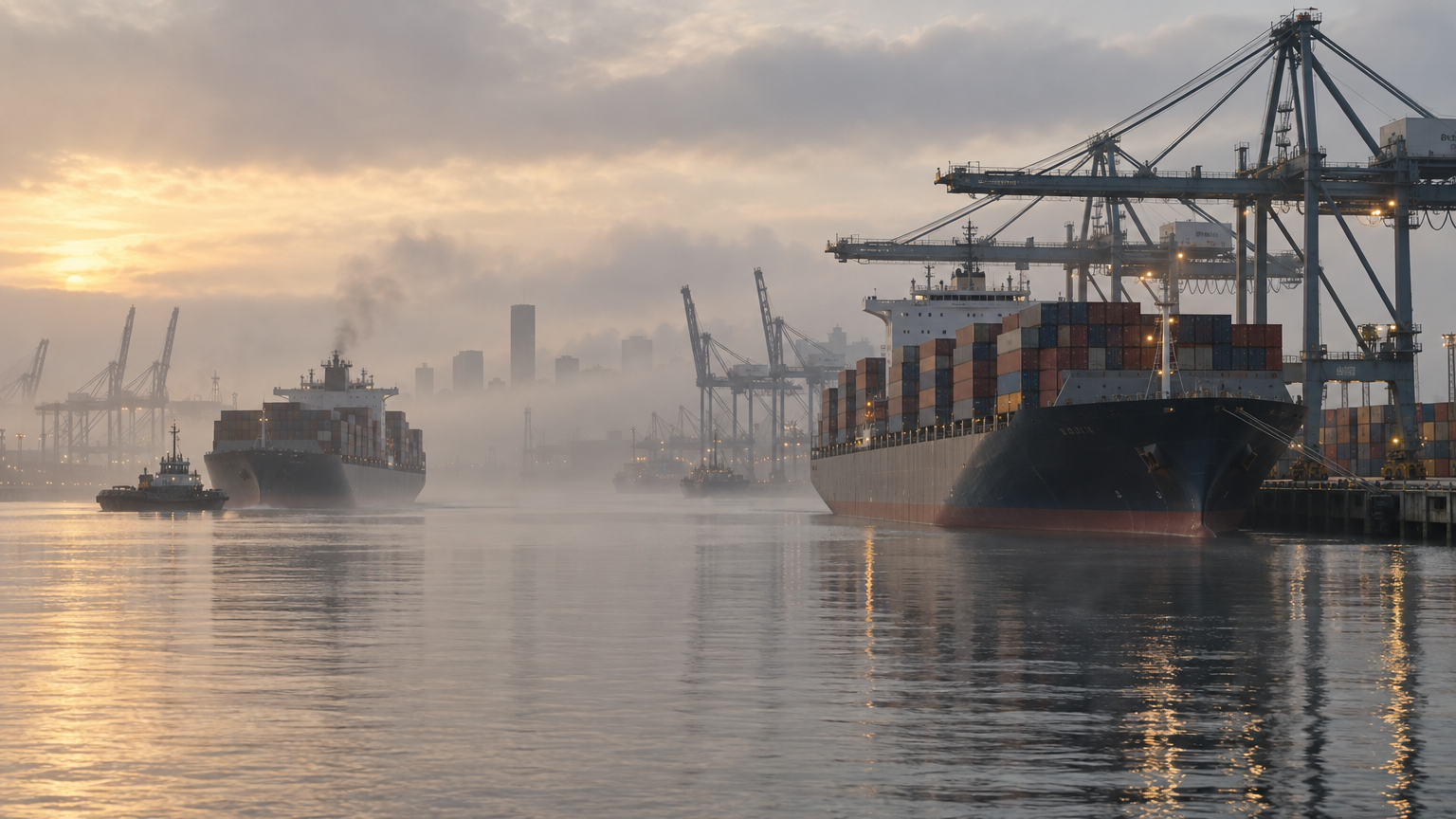 Container ships and cranes in fog at a busy harbor