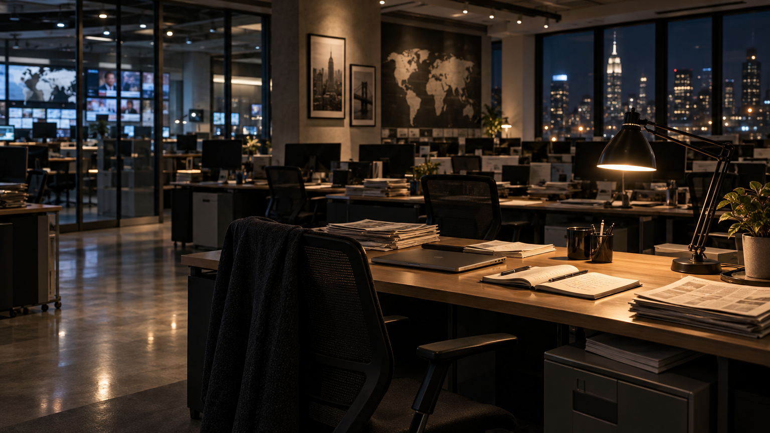 An empty office at night, with dark desks, one lit lamp and city lights in the windows